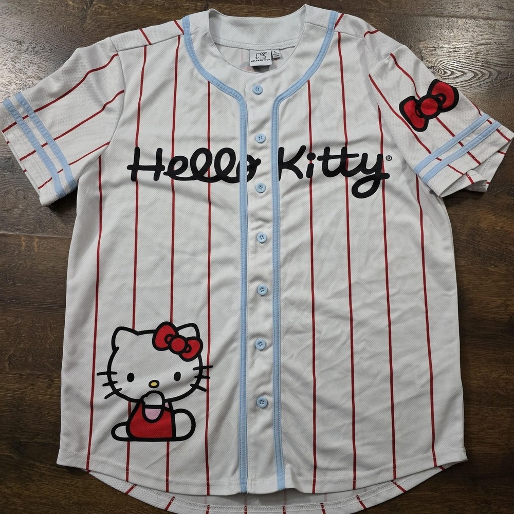Hello Kitty Shirt Womens L White Pinstripe Baseball Jersey Cartoon Graphic